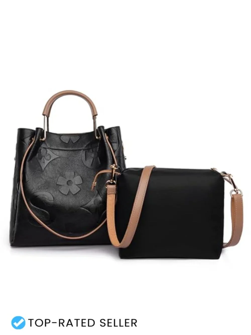 Vegan Leather Floral Embossed Satchel Tote Handbag Set with Detachable Wristlet